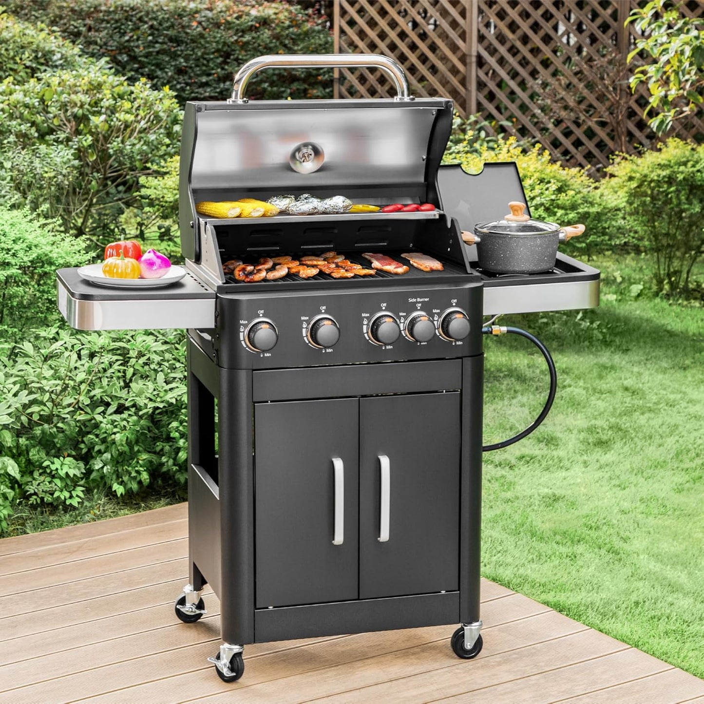 4 Burners Propane Gas Grill and Griddle Combo with Side Burner, 2 in 1 Griddle Grill and Porcelain-Enameled Cast Iron Grates, 46,700 BTU Outdoor Cooking Barbecue Grill, Black