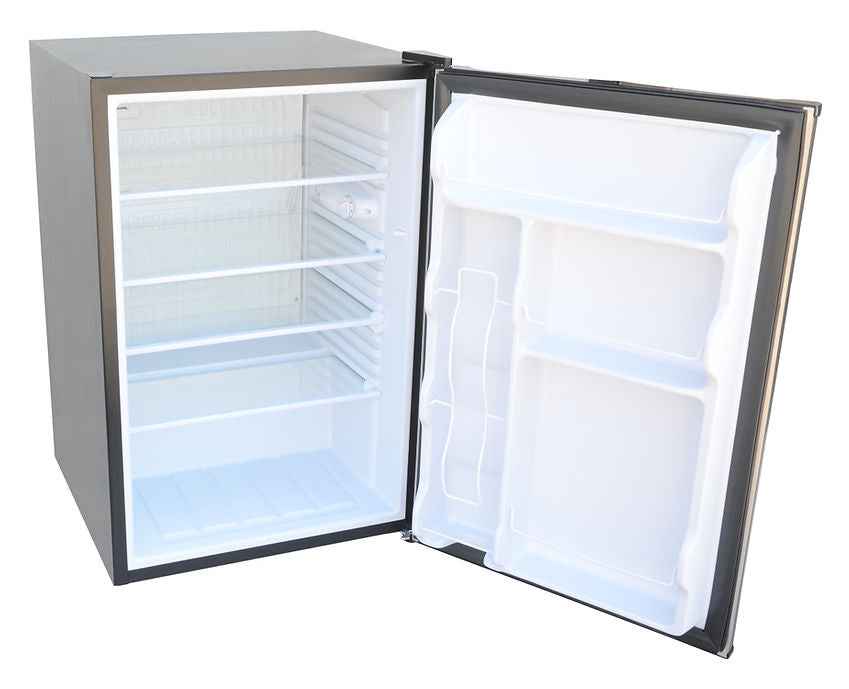 Open refrigerator showing interior shelves and door storage compartments.