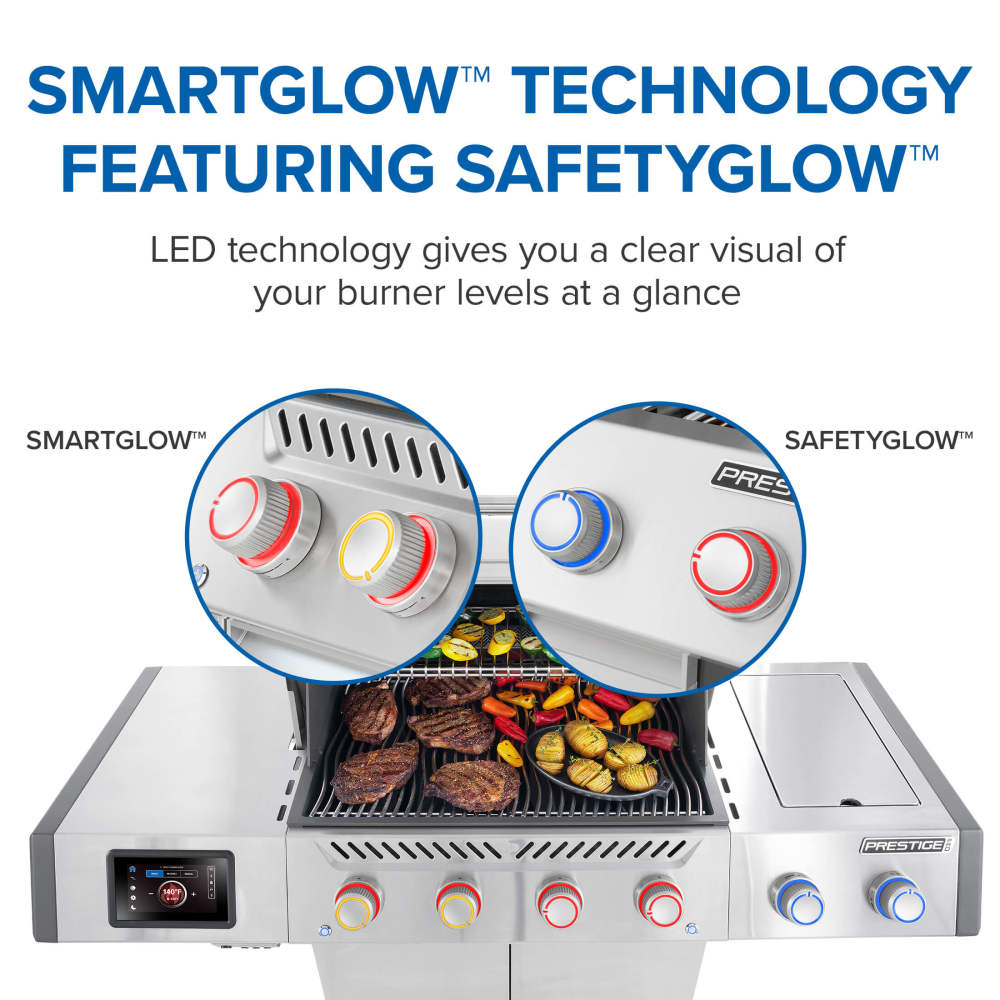SMARTGLOW and SAFETYGLOW graphic showing illuminated knobs and burner-level feedback.