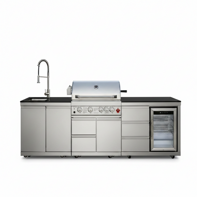 102.4" Outdoor Kitchen Island, 4-Burner Propane Gas BBQ Grill 59500 BTU 304 Stainless Steel, Built-In Sink & Refrigerator for Backyard Patio Cooking (Silver, 102.4"')