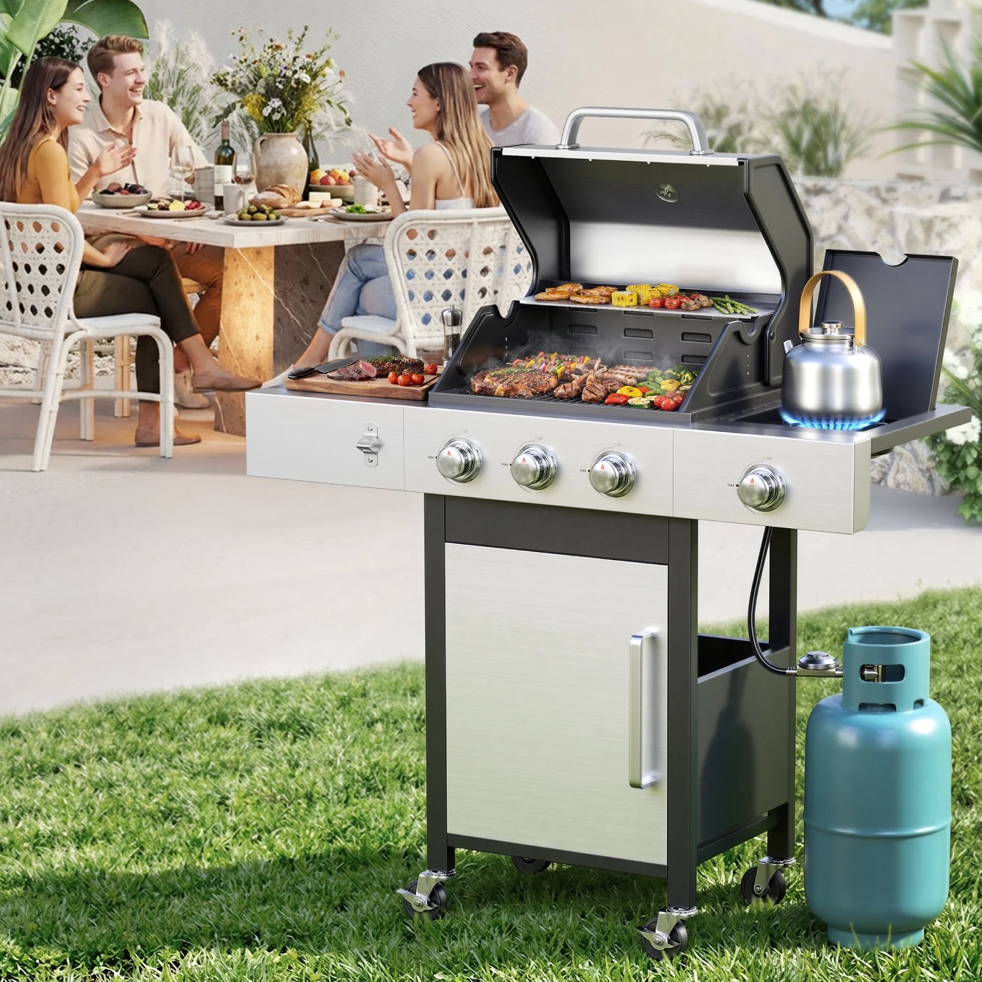 3 Burner Gas Grill with Side Burner,40800 BTU Barbecue Grill Propane Stainless Steel BBQ Grill with Porcelain-Enameled Cast Iron Grates for Outdoor Cooking