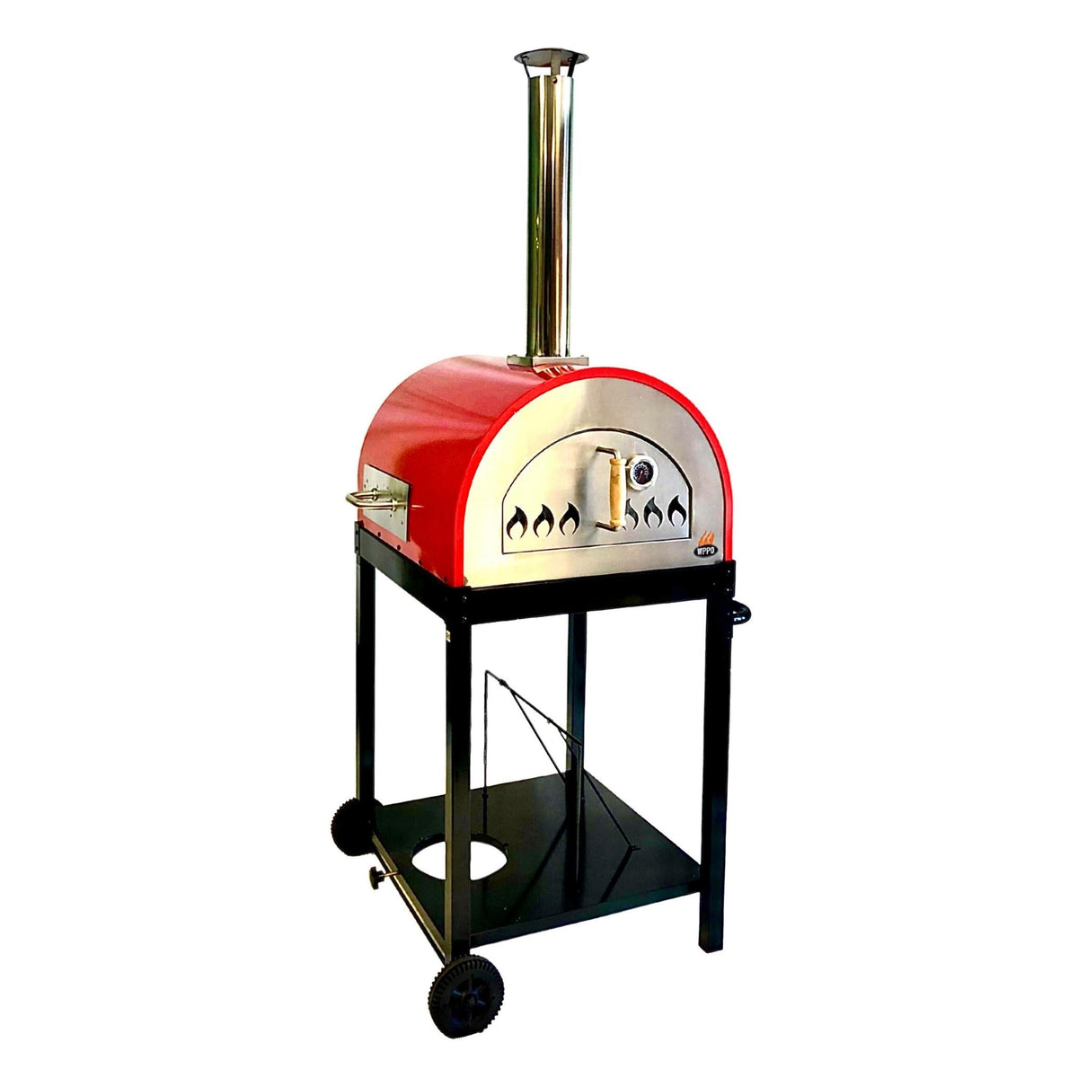 Red WPPO Traditional oven with chimney and stainless-steel door on a black two-wheel stand.