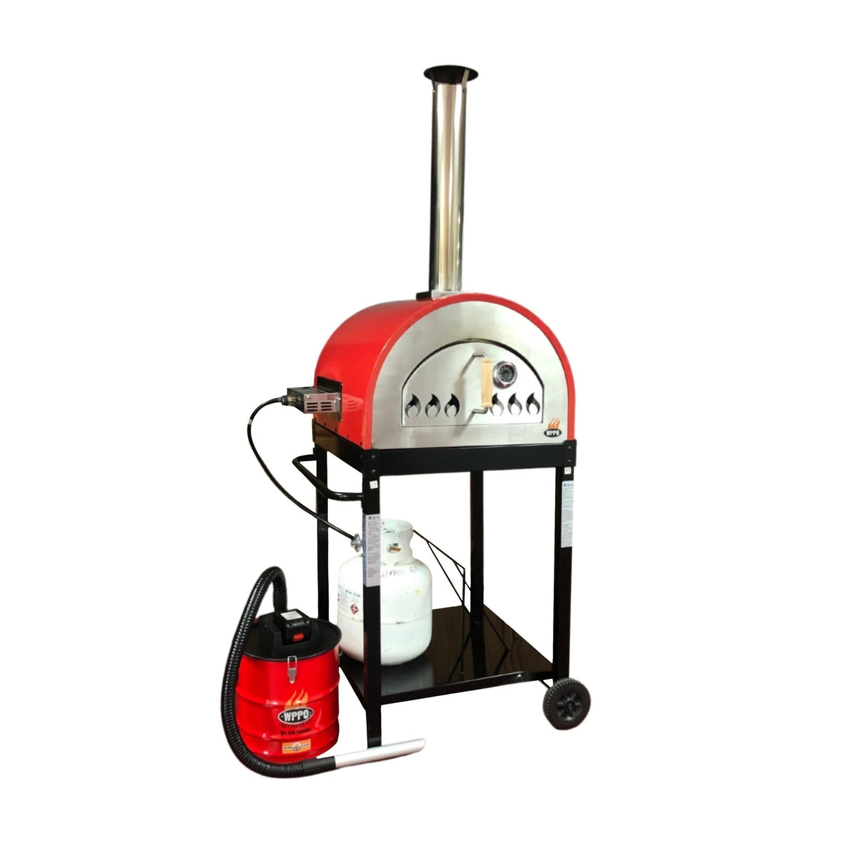 Red WPPO oven with gas hose and cylinder on its stand, beside a red ash vacuum.