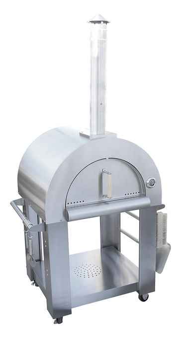 Stainless steel pizza oven with closed front door and chimney on a wheeled cart with lower shelf.