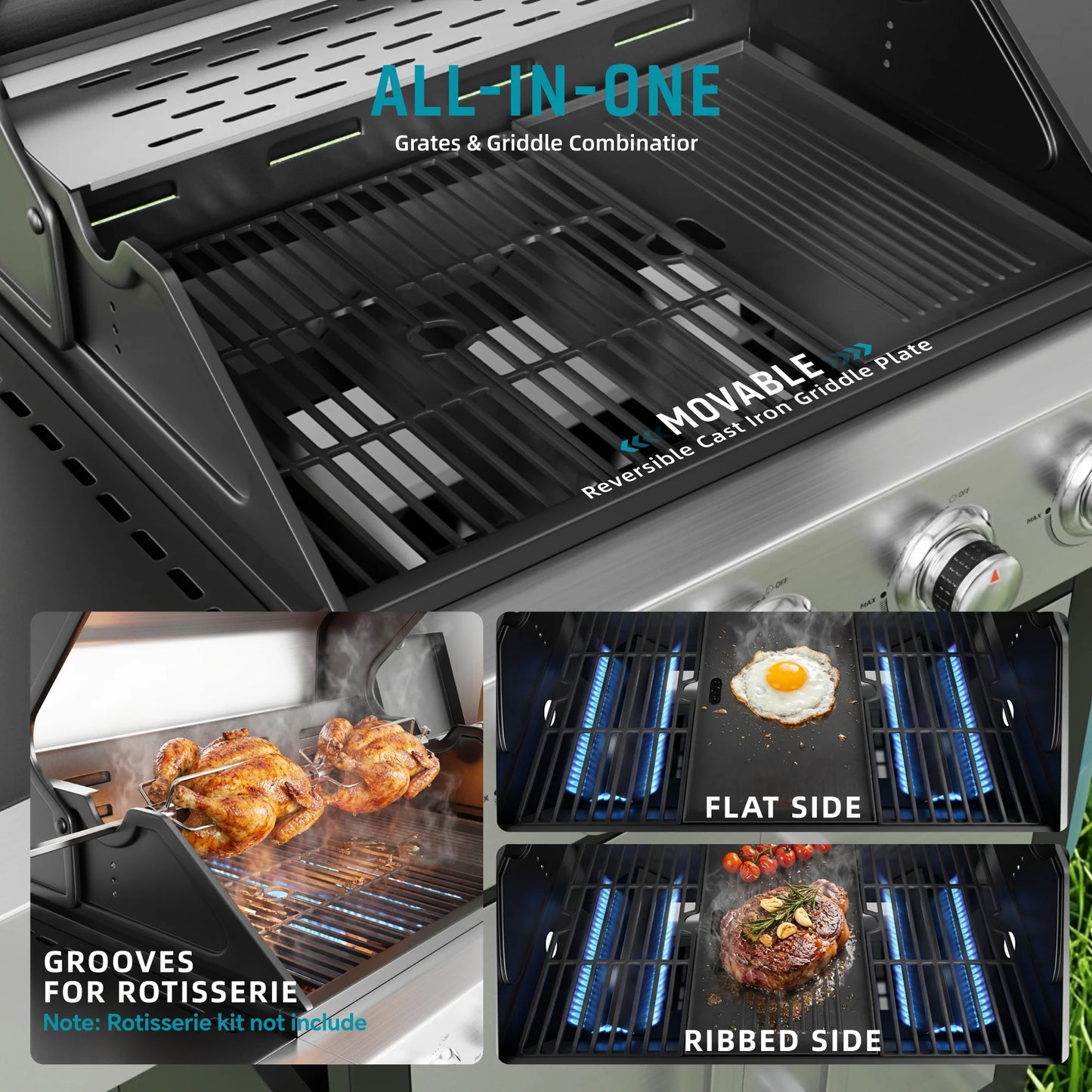 3 Burner Gas Grill with Side Burner,40800 BTU Barbecue Grill Propane Stainless Steel BBQ Grill with Porcelain-Enameled Cast Iron Grates for Outdoor Cooking