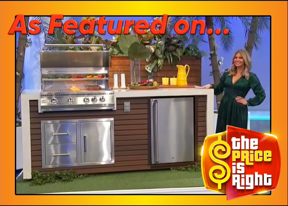 Promotional graphic showing the Kokomo outdoor kitchen island featured on The Price Is Right.