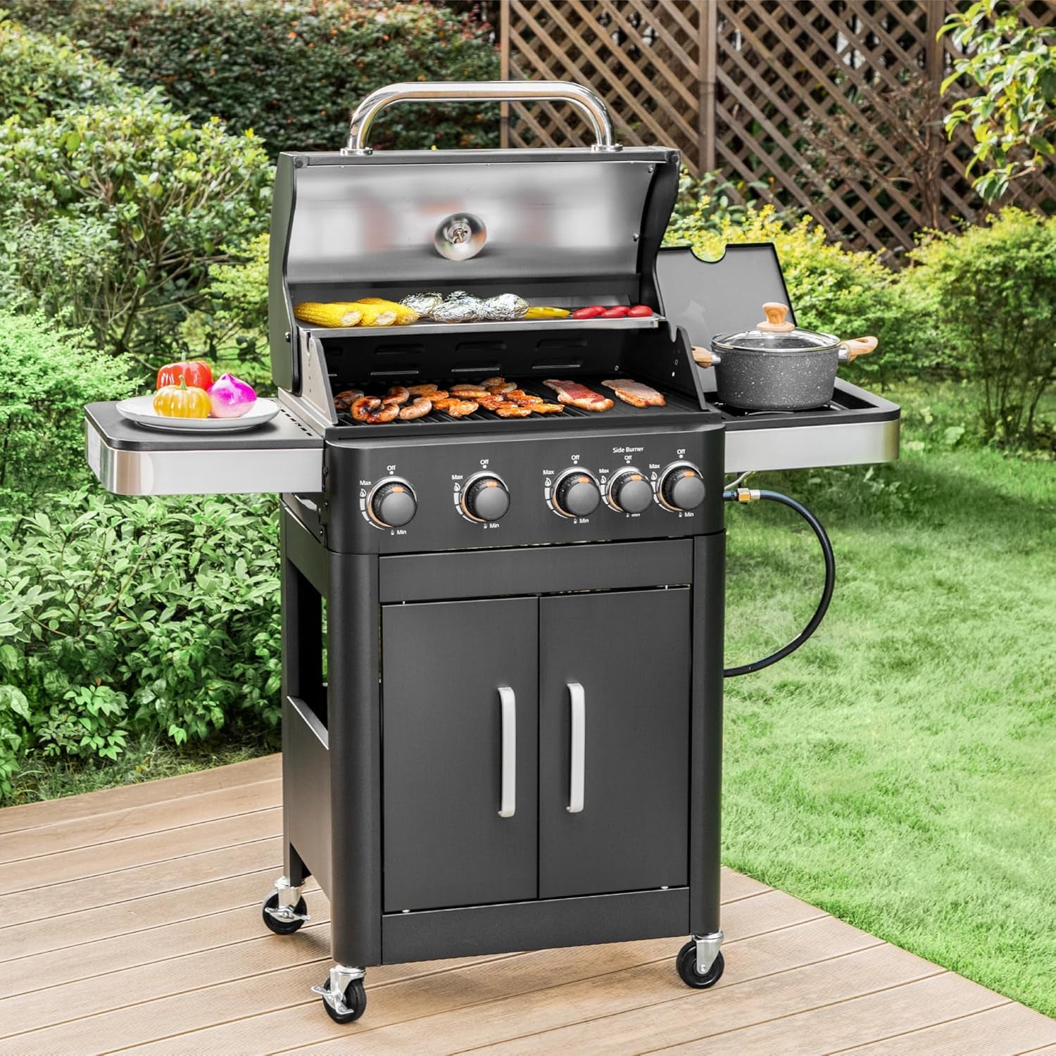 4 Burners Propane Gas Grill and Griddle Combo with Side Burner, 2 in 1 Griddle Grill and Porcelain-Enameled Cast Iron Grates, 46,700 BTU Outdoor Cooking Barbecue Grill, Black