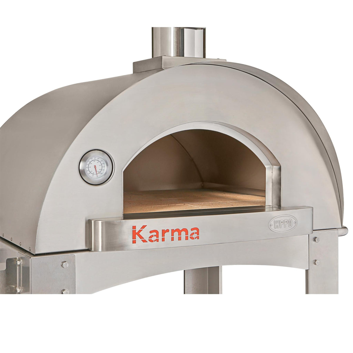 Angled view of a stainless steel WPPO Karma oven with an arched opening, cooking floor and front thermometer.