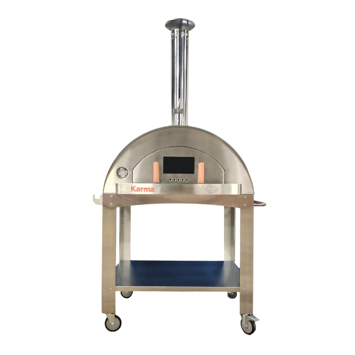 Front view of a WPPO Karma oven with closed door and chimney on a wheeled stand with a lower shelf.