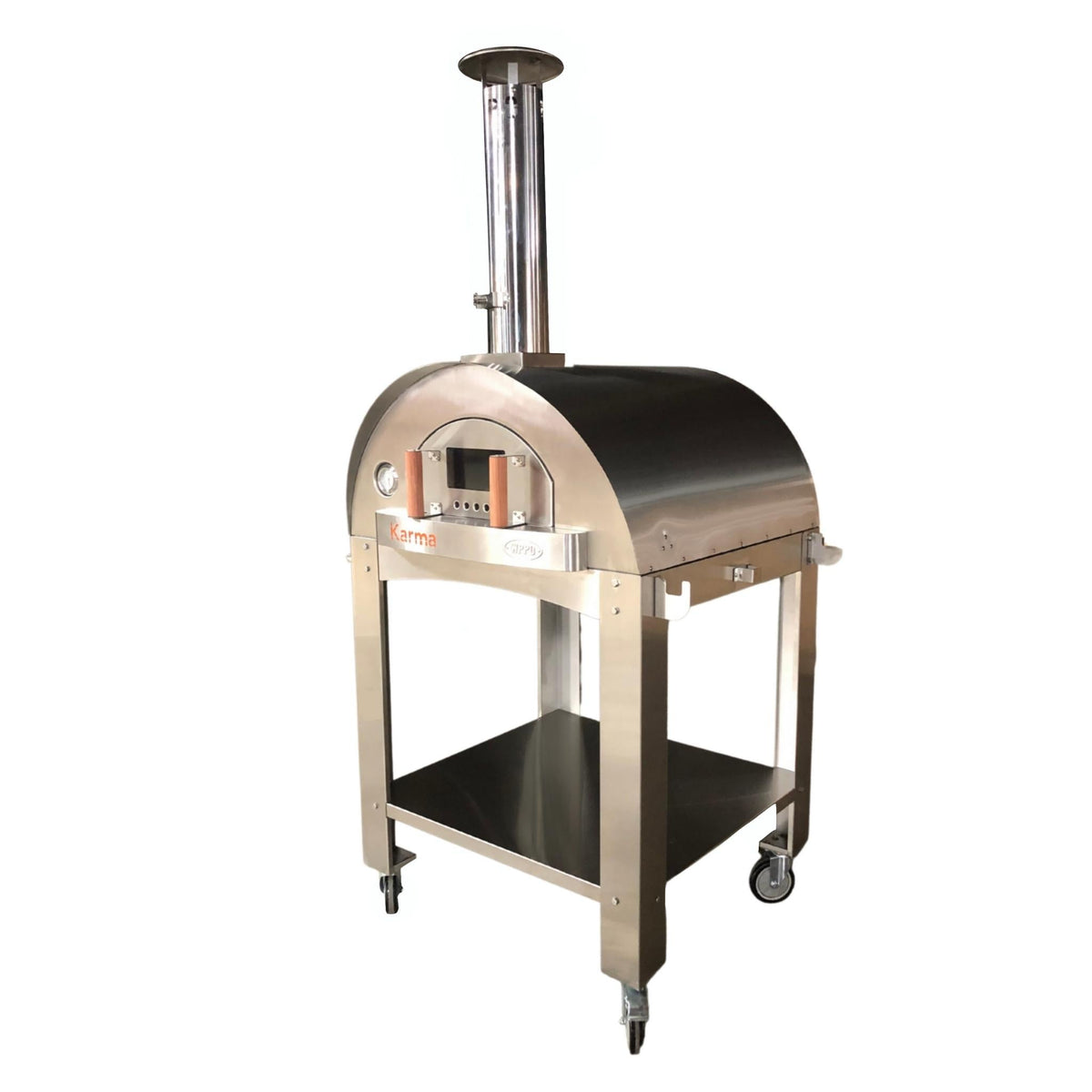 Angled view of a stainless steel WPPO Karma oven with chimney, front thermometer and wheeled stand.