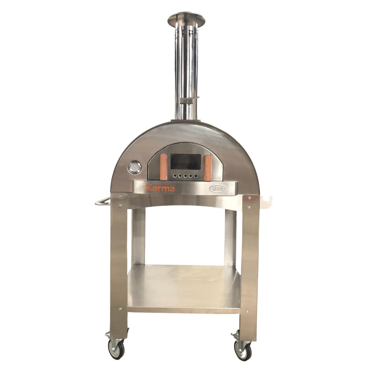 Front view of a WPPO Karma oven with closed door and chimney on a wheeled stand with a lower shelf.