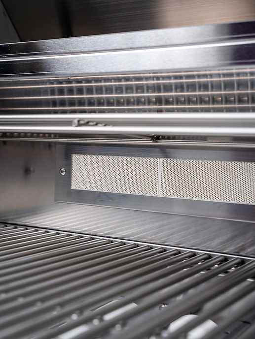 Close-up inside the grill showing the rear burner, warming rack and main cooking grate.