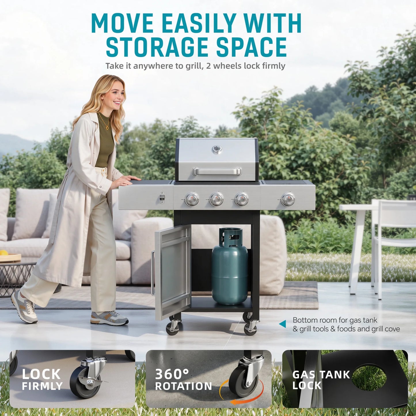 3 Burner Gas Grill with Side Burner,40800 BTU Barbecue Grill Propane Stainless Steel BBQ Grill with Porcelain-Enameled Cast Iron Grates for Outdoor Cooking