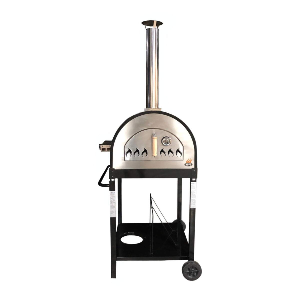 Front view of a black WPPO Traditional oven with chimney, door thermometer and two-wheel stand