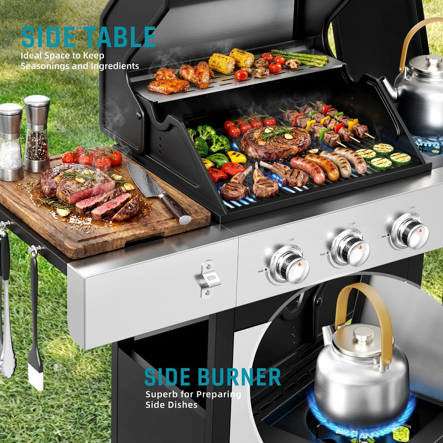 3 Burner Gas Grill with Side Burner,40800 BTU Barbecue Grill Propane Stainless Steel BBQ Grill with Porcelain-Enameled Cast Iron Grates for Outdoor Cooking