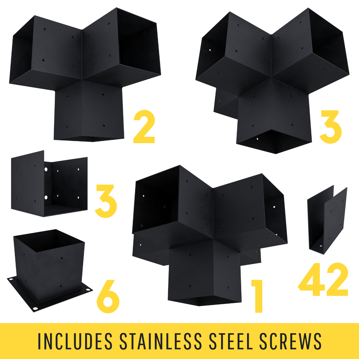Attached pergola bracket kit showing black brackets with quantities and a note that stainless steel screws are included.