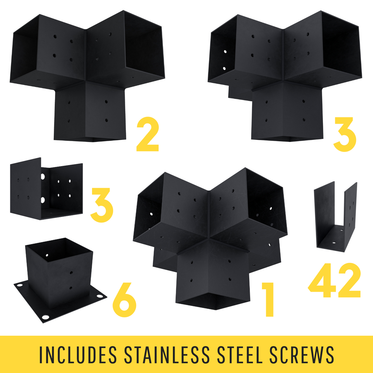 Attached pergola bracket kit showing connector, wall-mount, post-base and rafter brackets with quantities.