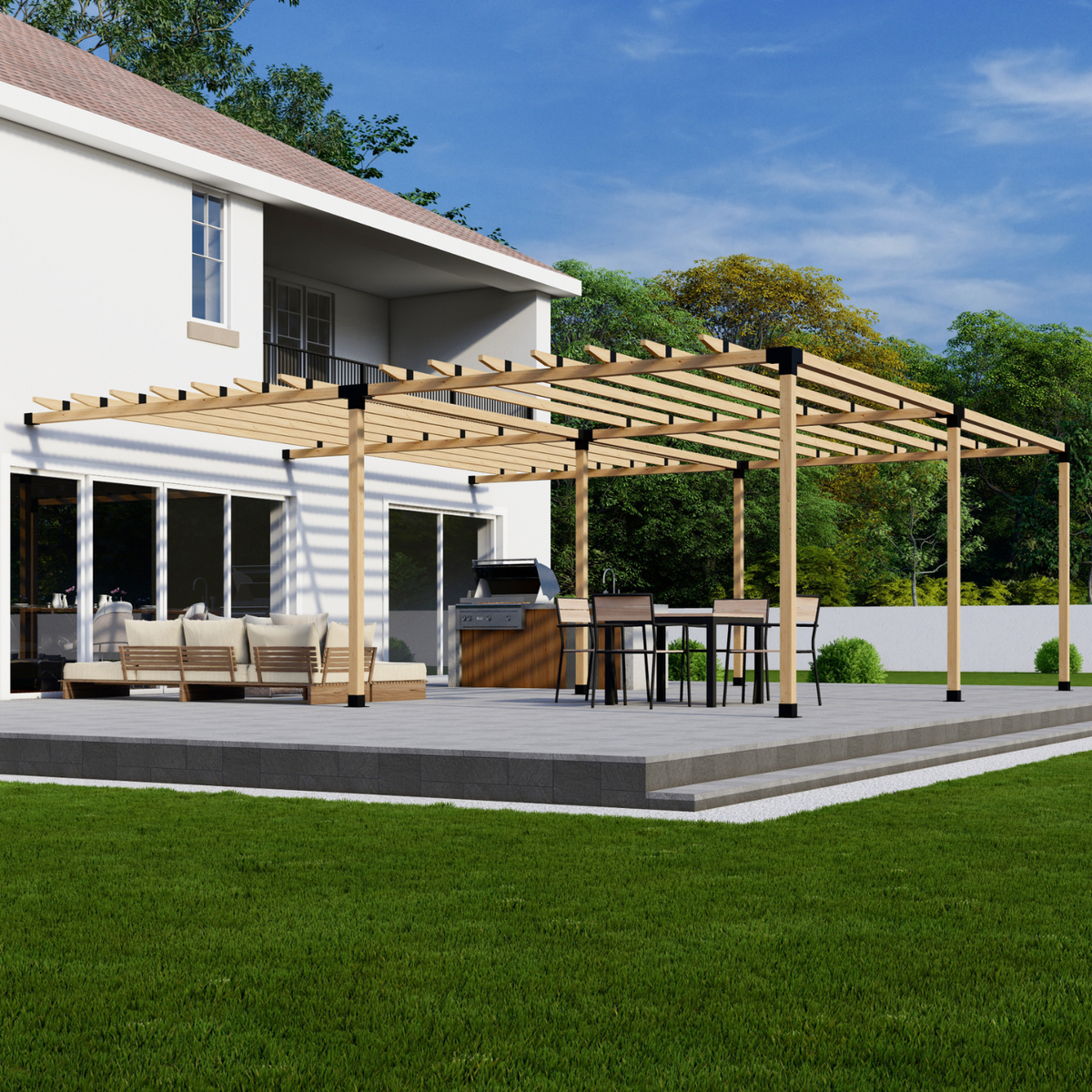 House-attached wood pergola with roof rafters and black brackets over a patio seating and dining area.