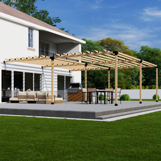 House-attached wood pergola with roof rafters and black brackets over a patio seating and dining area.