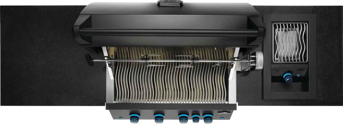 Top view of Napoleon OASIS outdoor kitchen showing WAVE cooking grids, rotisserie and uncovered side burner.