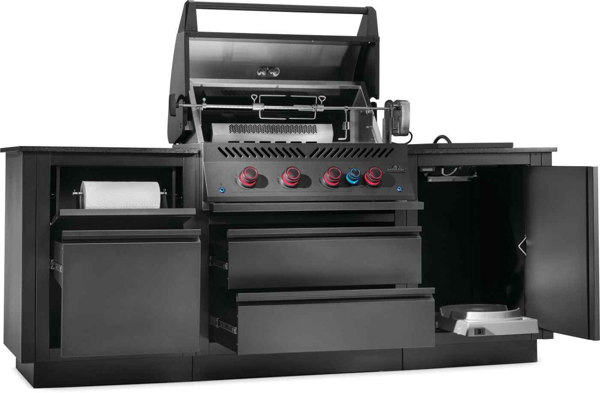Napoleon OASIS modular outdoor kitchen with open grill lid, rotisserie, extended drawers and open tank cabinet.