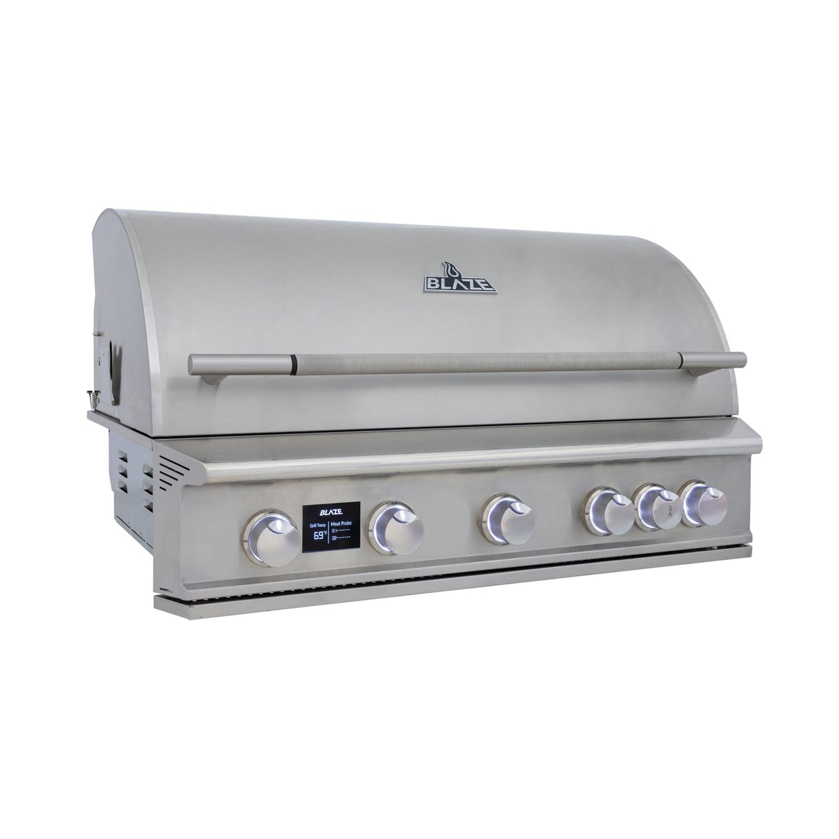 Angled view of Blaze LTE PRO built-in grill with closed stainless steel hood and digital temperature display