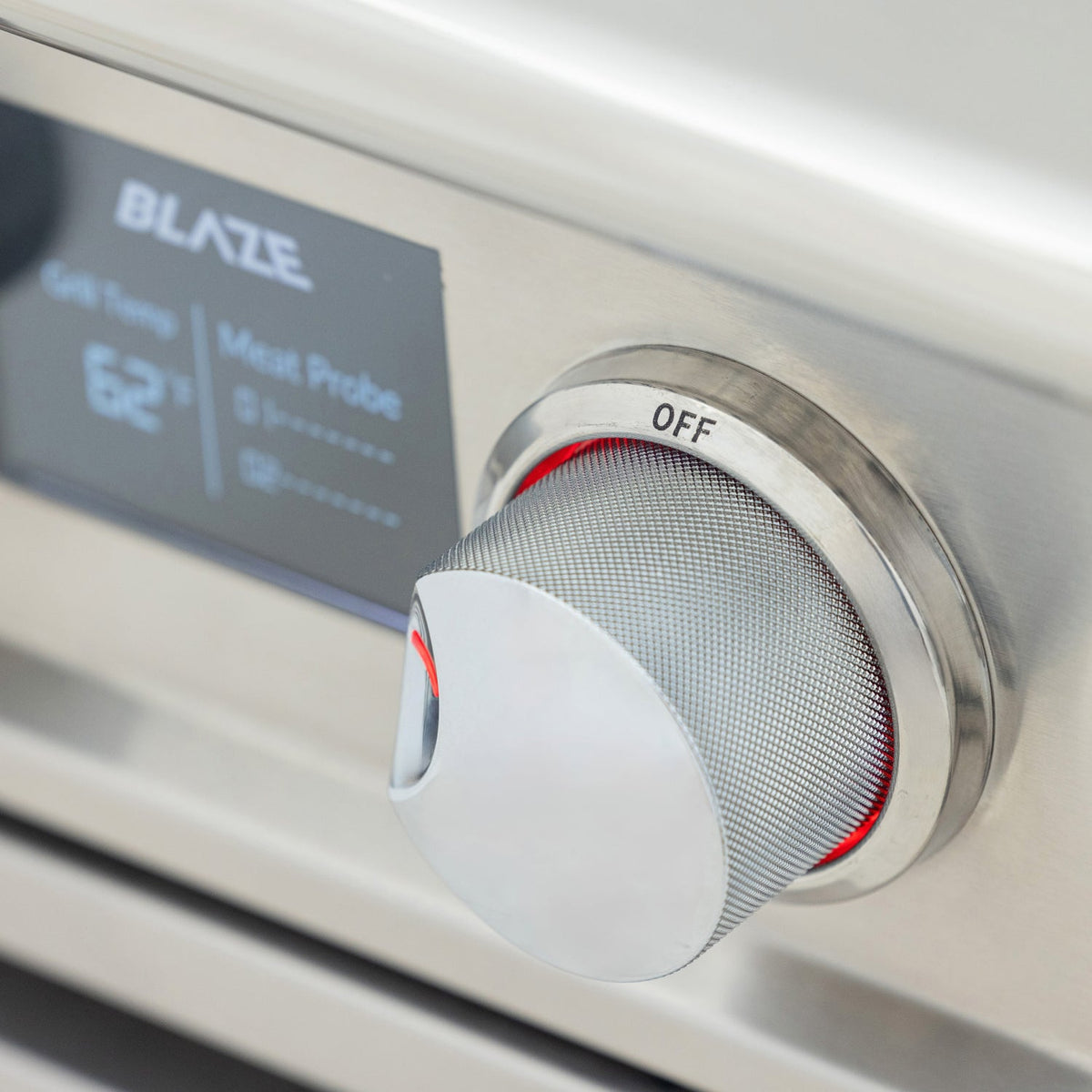 Close-up of a Blaze LTE PRO knurled control knob with a red illuminated ring