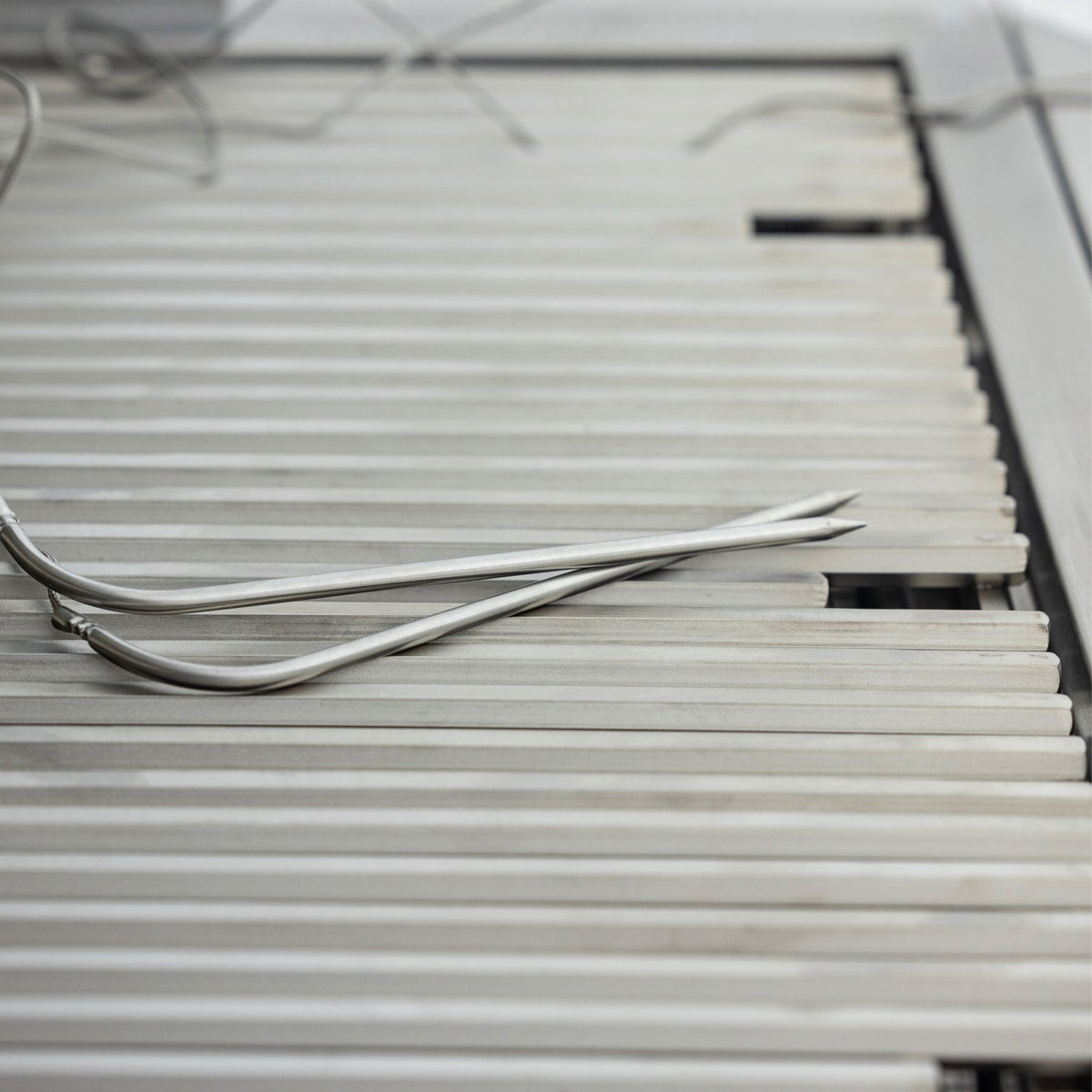 Two Blaze LTE PRO meat probes resting on the stainless steel cooking grates