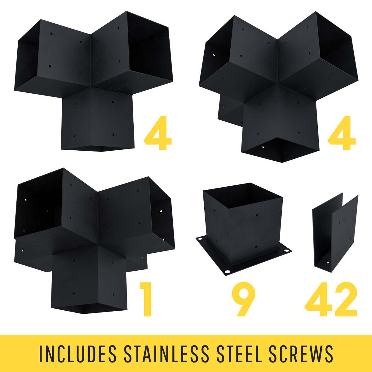 Black freestanding pergola brackets with component quantities and a note that stainless steel screws are included.