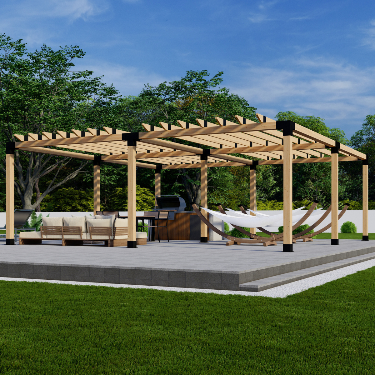 Freestanding pergola with thick wood posts, roof rafters and black brackets over a patio with seating and hammocks.