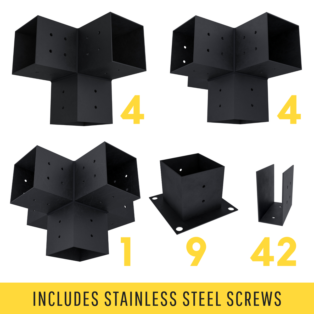 Freestanding pergola kit: 4 corner, 4 middle, 1 central, 9 post-base and 42 rafter brackets; stainless screws included.