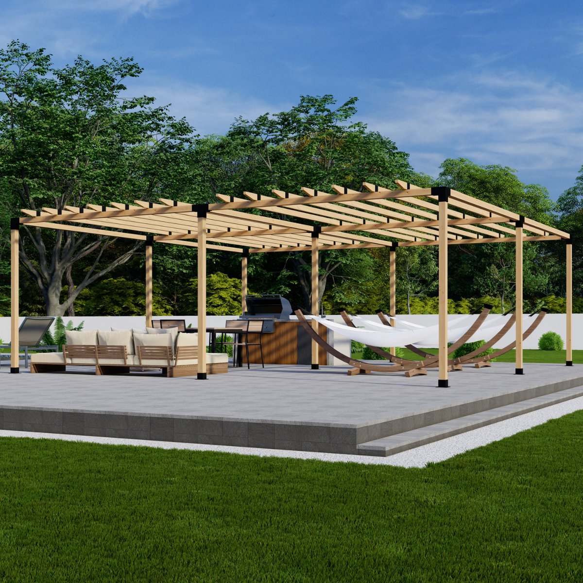 Freestanding wood pergola with roof rafters and black brackets over patio seating, a grill and hammocks.