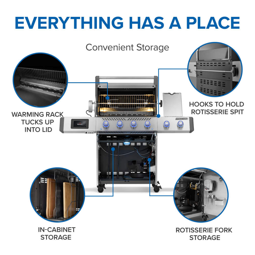 Connected grill storage graphic showing warming rack, rotisserie spit hooks and cabinet storage.