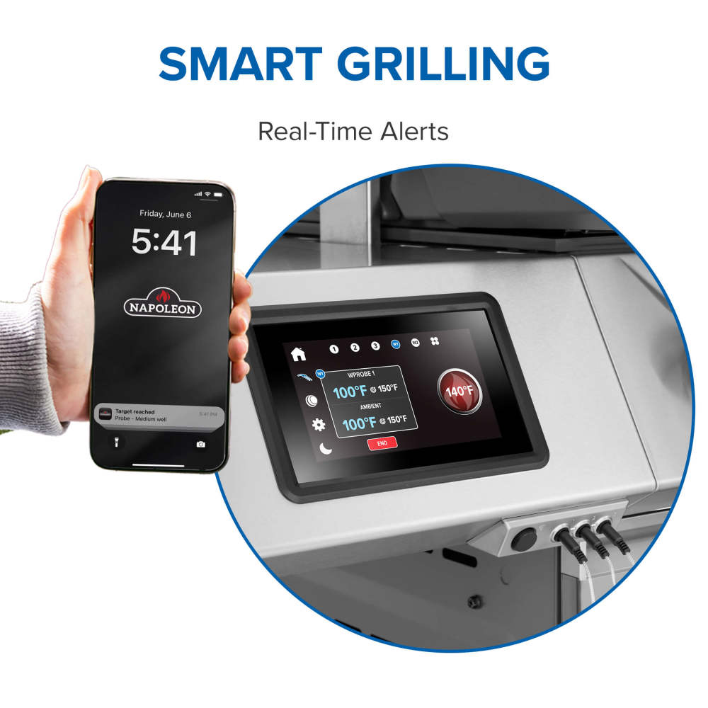 Smart grilling graphic showing a phone alert, LCD temperature display and connected probe cables.