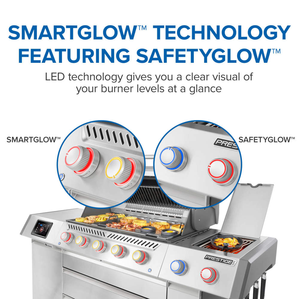 Prestige PRO 665 Elite SmartGlow and SafetyGlow graphic showing illuminated burner-control knobs.