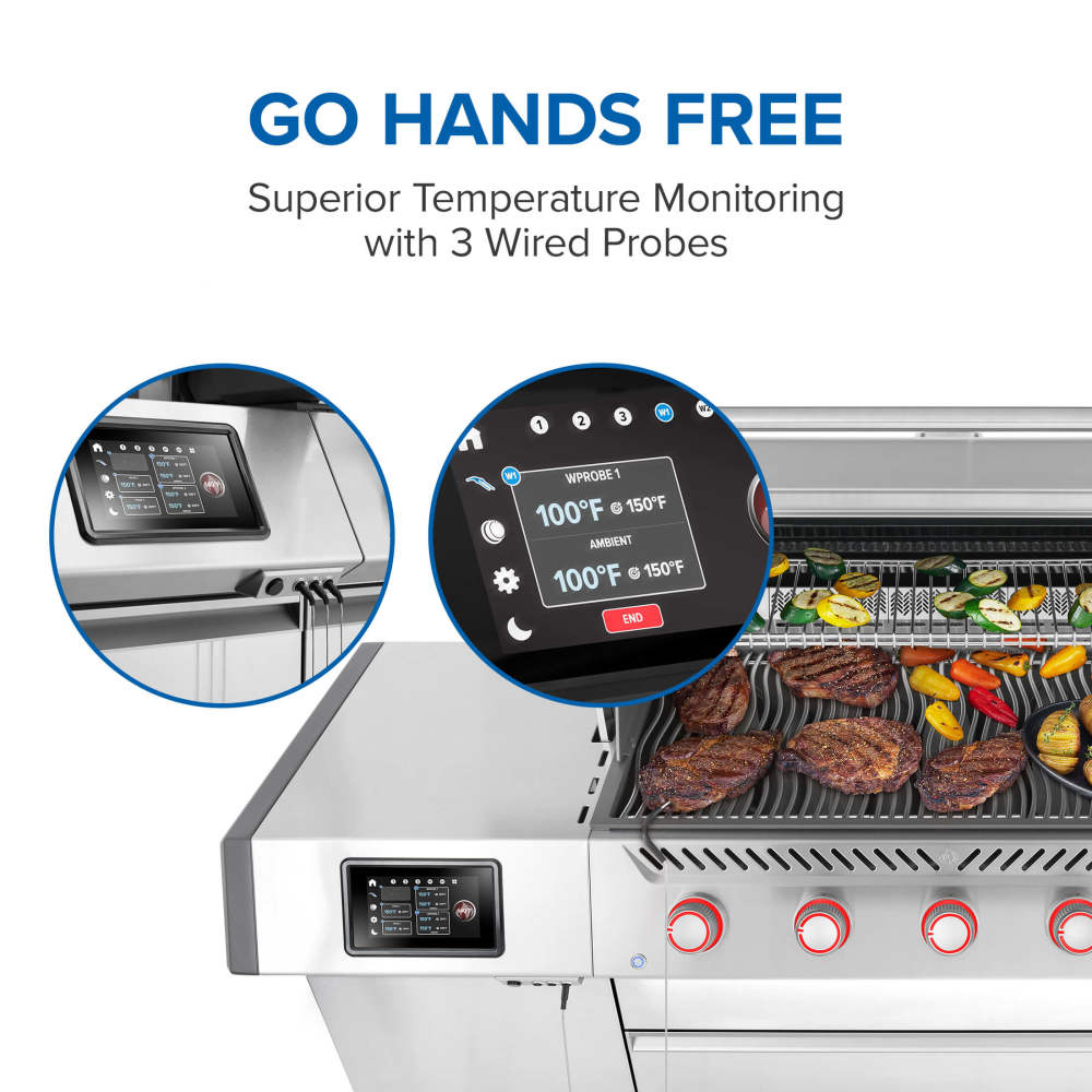 Prestige PRO 665 Elite temperature-monitoring graphic showing three wired probes and touchscreen readings.