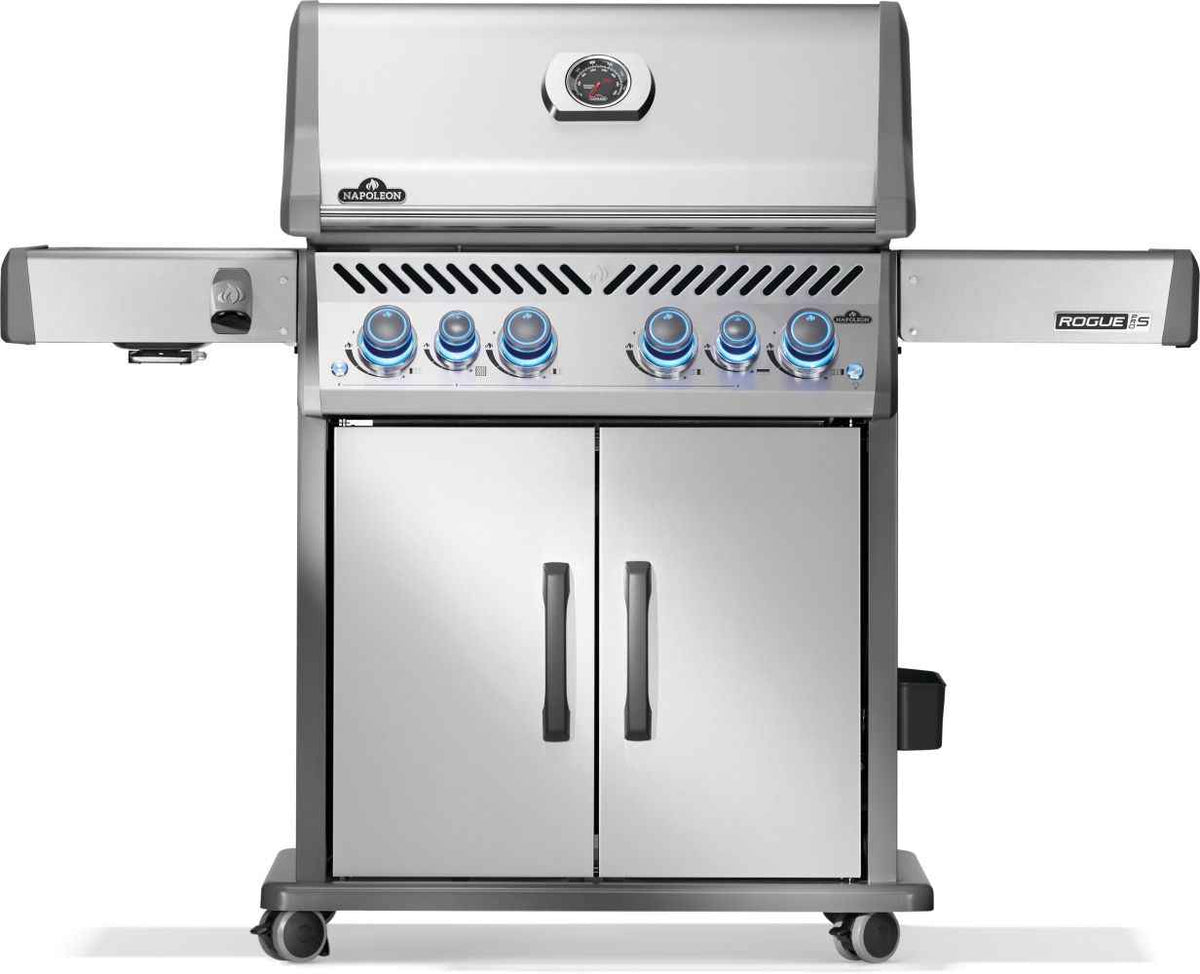 Rogue PRO-S 525 RSIB gas grill, front view with lid closed, side shelves extended and blue-lit controls.