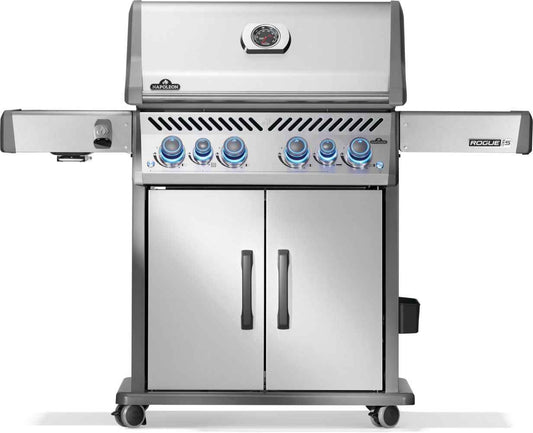Rogue PRO-S 525 RSIB gas grill, front view with lid closed, side shelves extended and blue-lit controls.