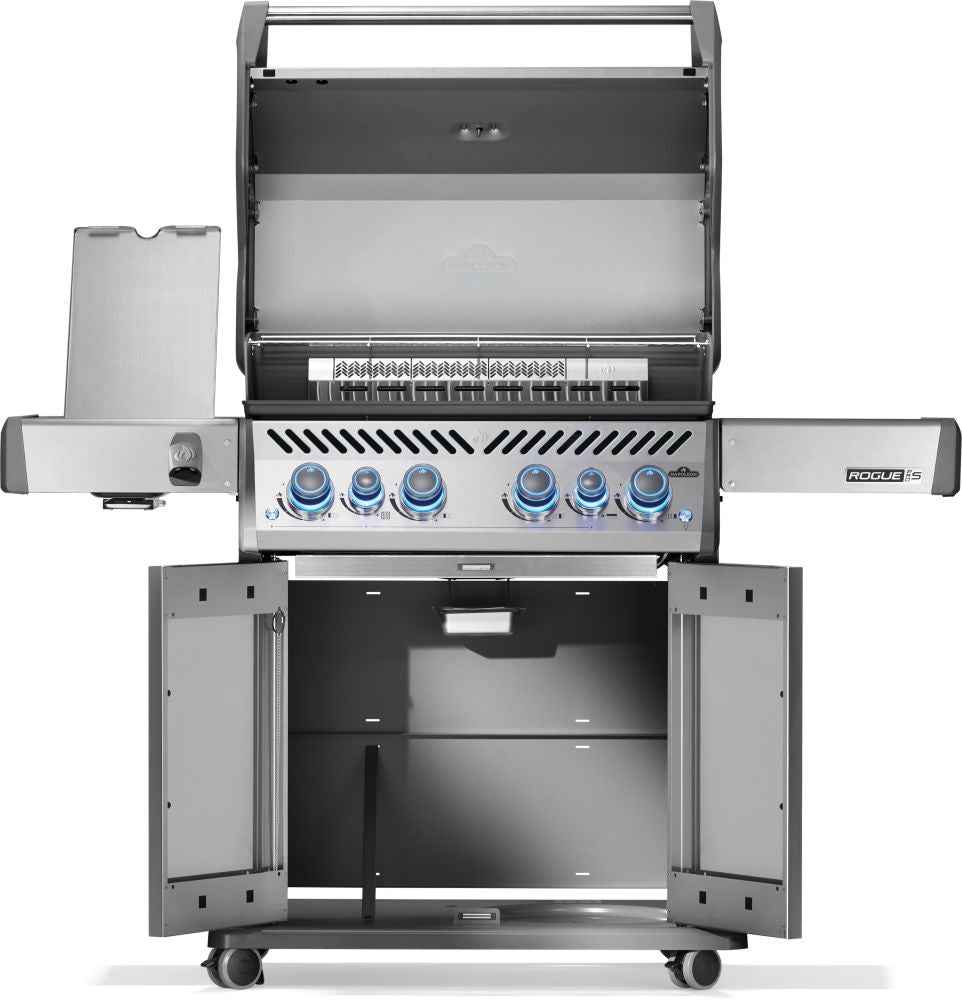 Rogue PRO-S 525 RSIB gas grill with lid, side burner cover and cabinet doors open.