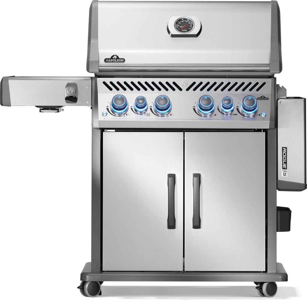 Rogue PRO-S 525 RSIB gas grill, front view with right side shelf folded down and lid closed.