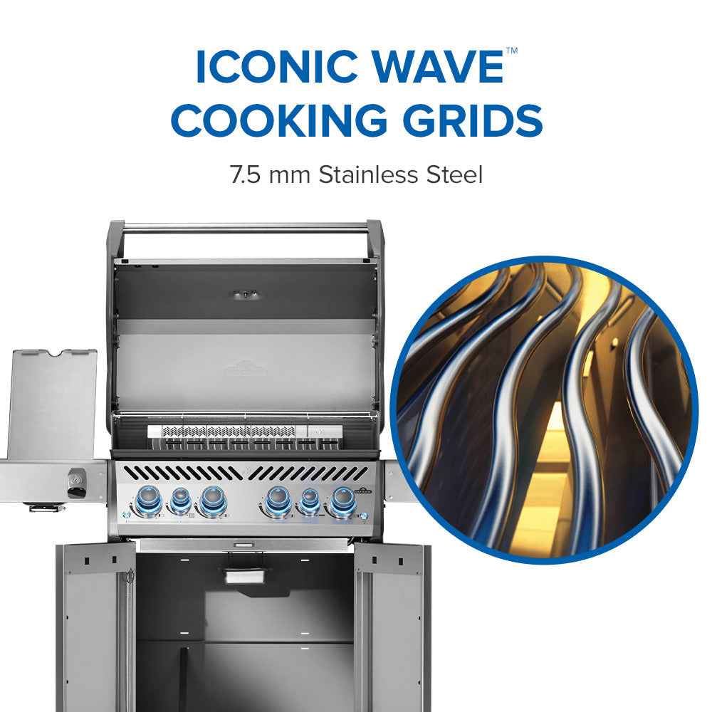 Rogue PRO-S 525 cooking grid graphic with a close-up of wavy grates labeled 7.5 mm stainless steel.