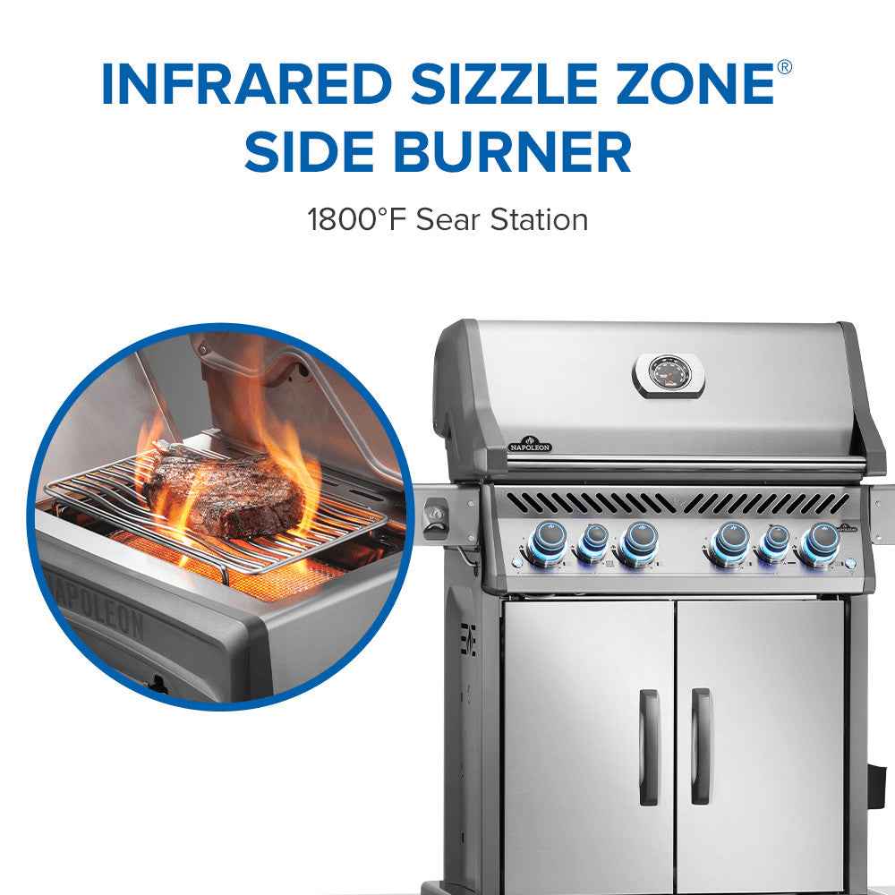 Rogue PRO-S 525 side burner graphic showing a steak searing, with text reading 1800°F Sear Station.