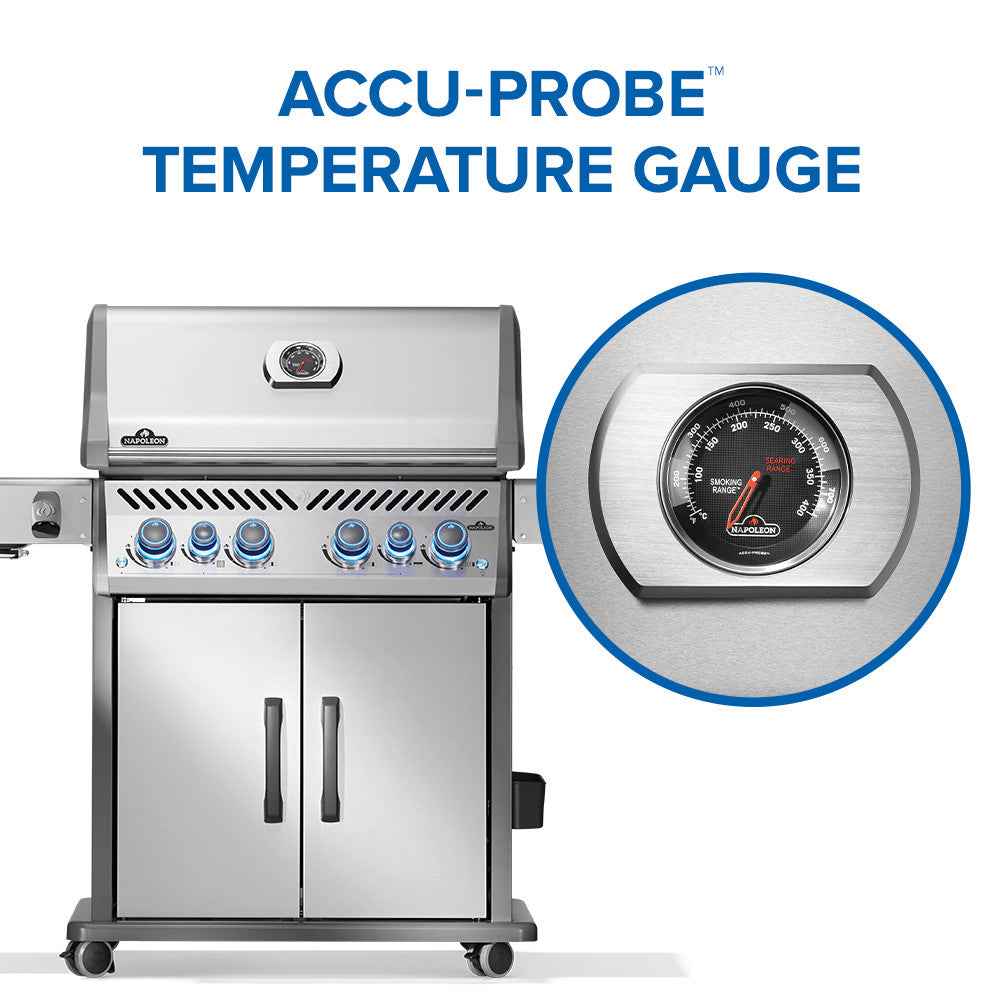 Rogue PRO-S 525 gas grill with a close-up of the lid-mounted ACCU-PROBE temperature gauge.