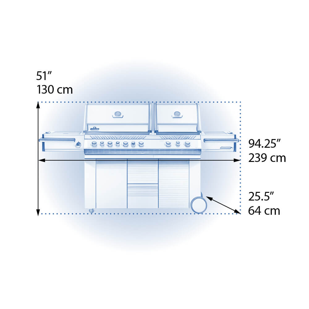 Napoleon Prestige PRO 825-dimension diagram showing 94.25-inch width, 25.5-inch depth and 51-inch height.