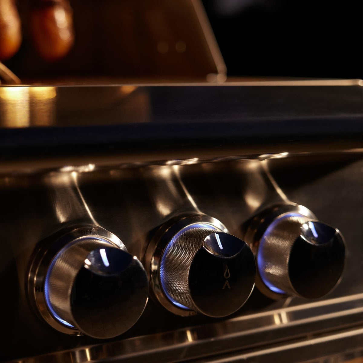 Close-up of three Blaze LTE PRO control knobs with illuminated rings