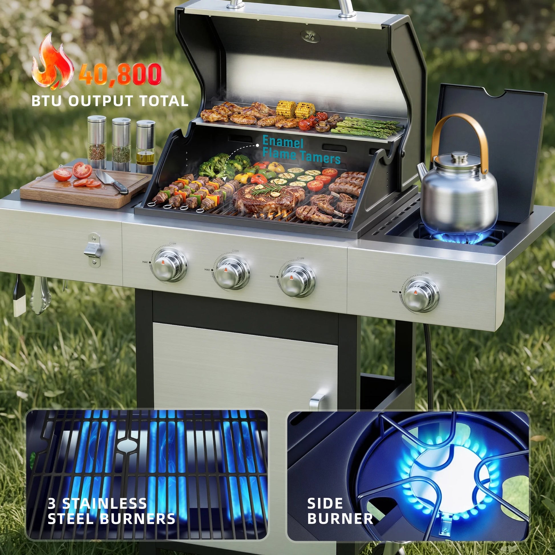 3 Burner Gas Grill with Side Burner,40800 BTU Barbecue Grill Propane Stainless Steel BBQ Grill with Porcelain-Enameled Cast Iron Grates for Outdoor Cooking