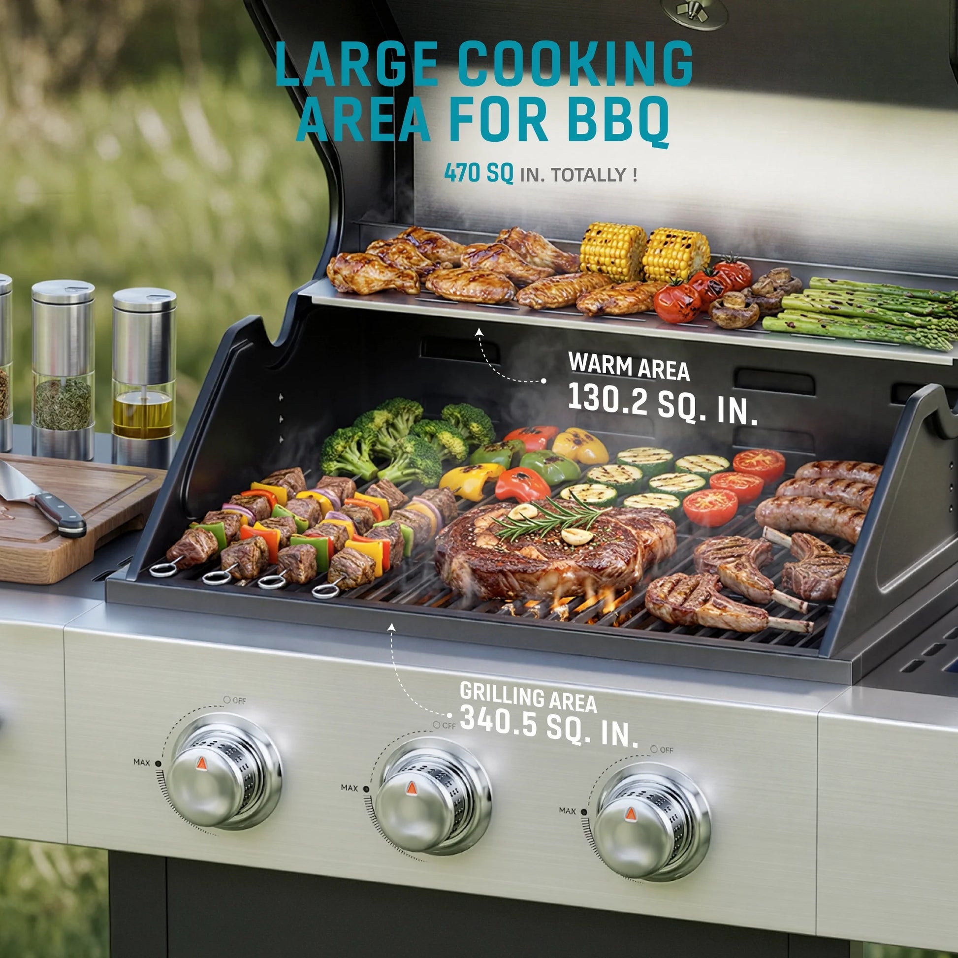 3 Burner Gas Grill with Side Burner,40800 BTU Barbecue Grill Propane Stainless Steel BBQ Grill with Porcelain-Enameled Cast Iron Grates for Outdoor Cooking