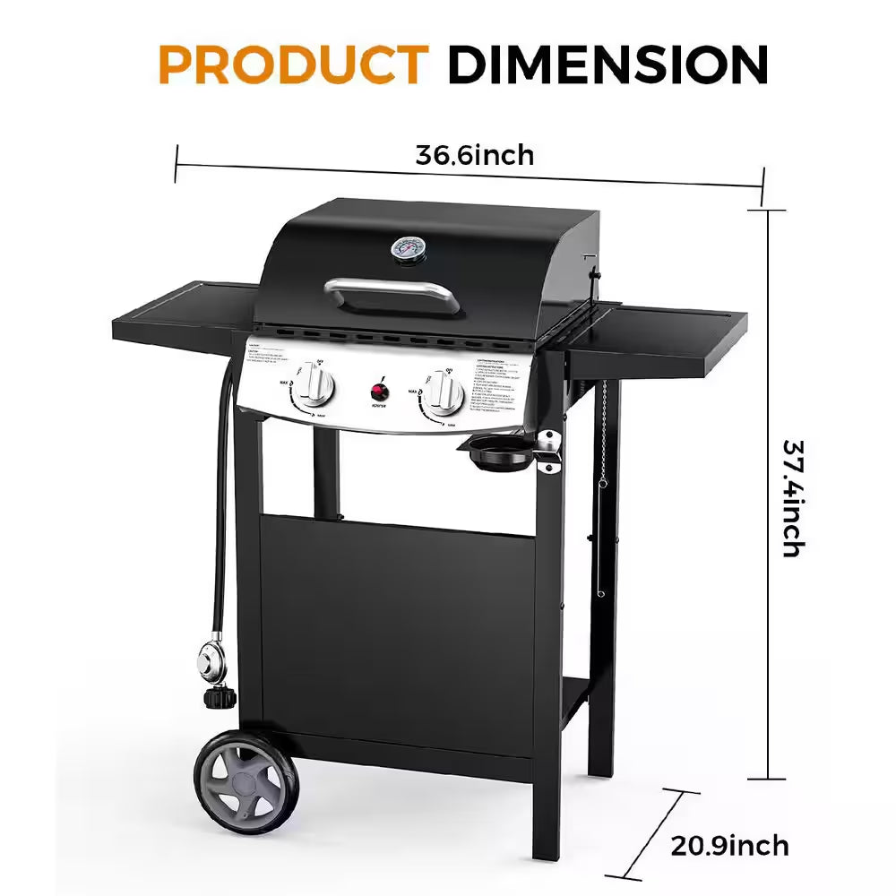 2 Burner Stainless Steel Portable Propane Gas Grill in Black