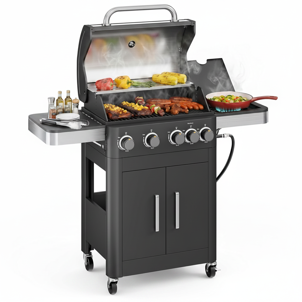 4 Burners Propane Gas Grill and Griddle Combo with Side Burner, 2 in 1 Griddle Grill and Porcelain-Enameled Cast Iron Grates, 46,700 BTU Outdoor Cooking Barbecue Grill, Black