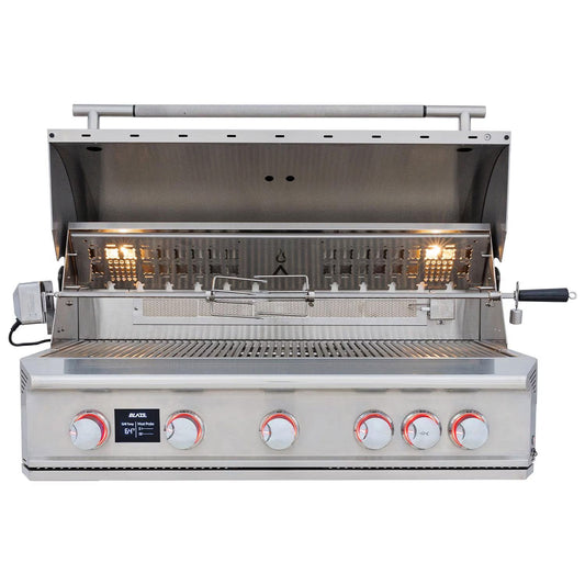 Blaze LTE PRO built-in grill with open hood, rotisserie, illuminated interior and digital temperature display